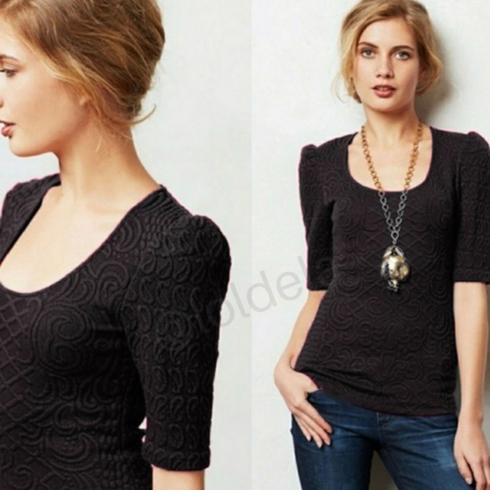 Anthropologie | Deletta Black Athlone Jacquard Top